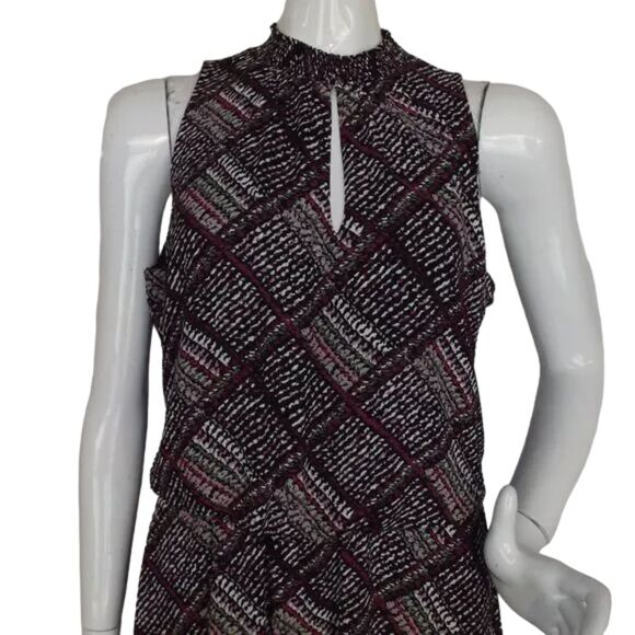 WHBM Dress, M, Smocked Neck/Keyhole, Sleeveless, Black/Purple-White Geometric - Picture 6 of 14